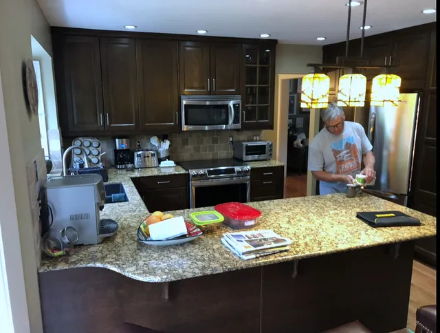 Original Edgemont kitchen island and pendant lighting