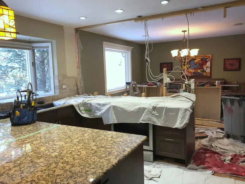 Edgemont kitchen during removal of cabinetry and overhead finishes