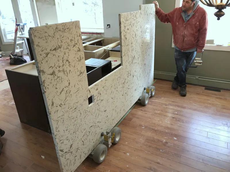 Stone countertop section during installation in the Edgemont kitchen