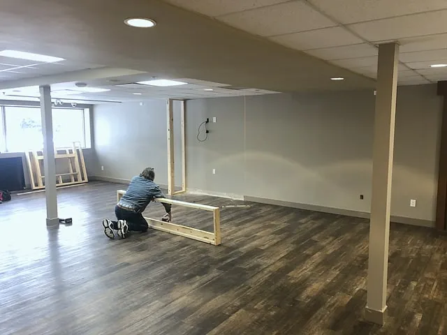 Display cabinetry base being assembled in the Silver Springs lounge