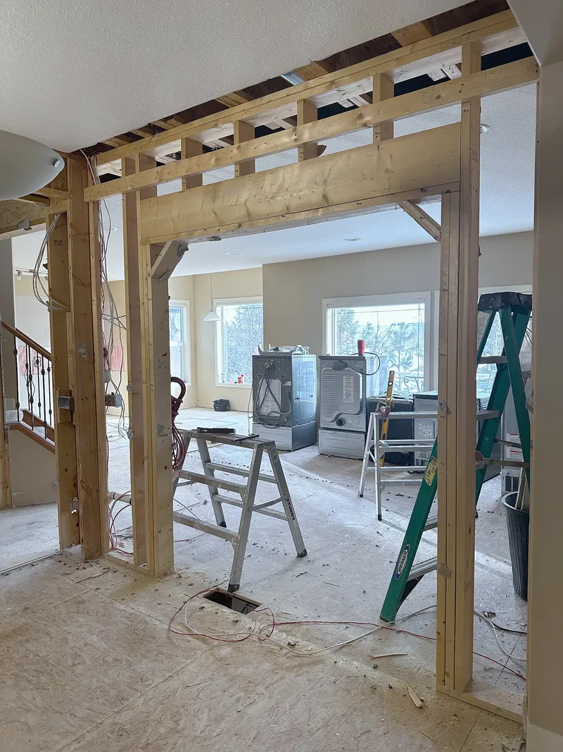 Open timber framing during the Wentworth interior renovation