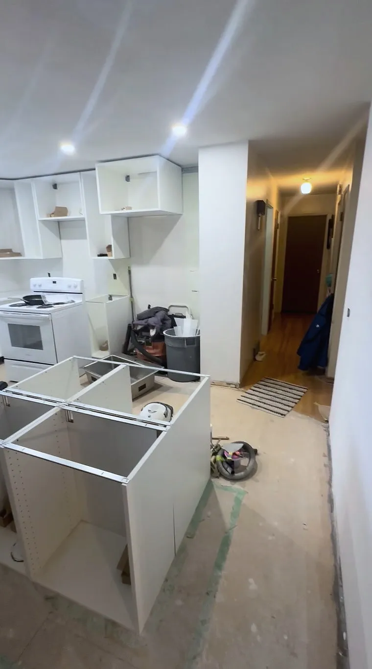 Dalhousie kitchen cabinet bases and appliances during installation